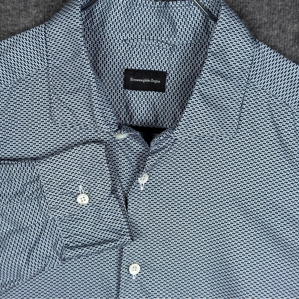 Ermenegildo Zegna Shirt Men XL Blue Geometric Long Sleeve Button Cotton Italy